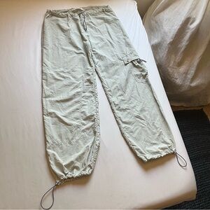 Light Sage Wide-Leg Cargo Pants with Drawstring Hem